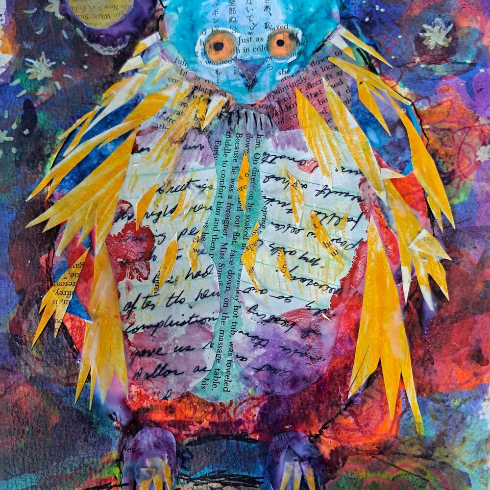 mixed-media art piece featuring a patterned owl collage, created using various m